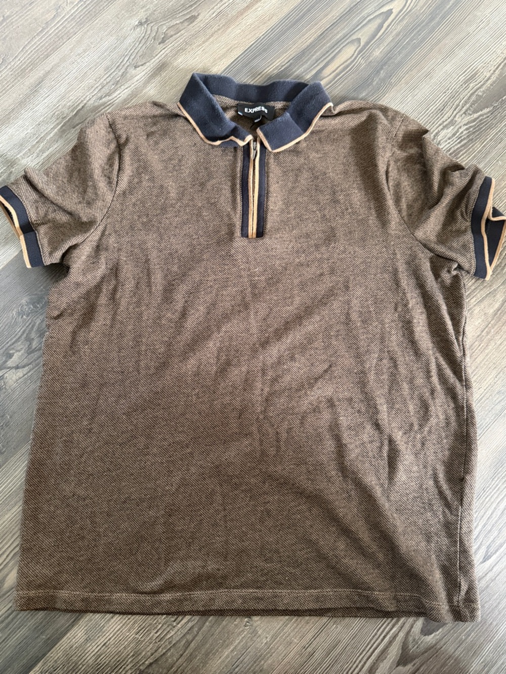 Express Brown Polo with Navy Collar and Tan Trim